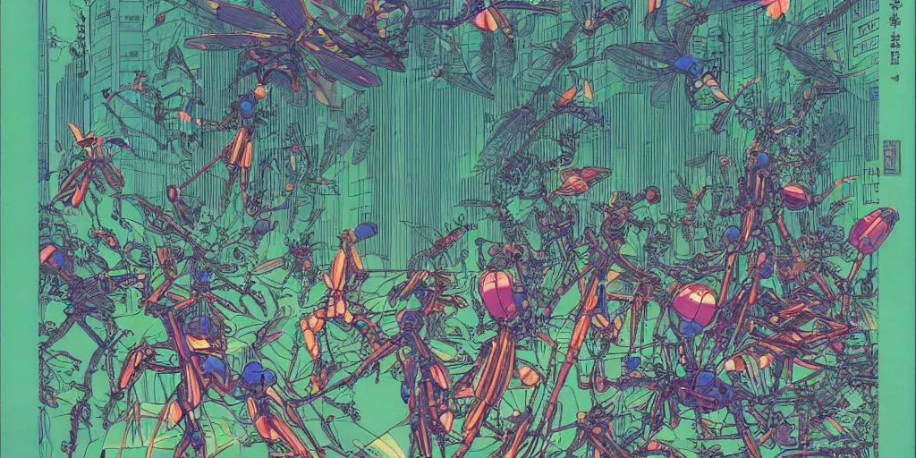 Image similar to gigantic robotic dragonflies with lasers with human faces catch tiny robots, a lot of exotic plants around, big human faces everywhere, risograph by satoshi kon and moebius, no text!, matte bright colors, surreal design, super - detailed, a lot of tiny details, fullshot