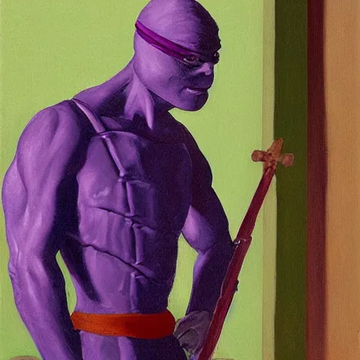 Image similar to donatello from the teenage mutant ninja turtles in a painting by edward hopper, friendly