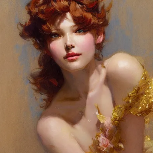 Prompt: a high fashion studio portrait of a charming anime girl, coy, smile, furtive, enigmatic, shy, painting by gaston bussiere, craig mullins, j. c. leyendecker