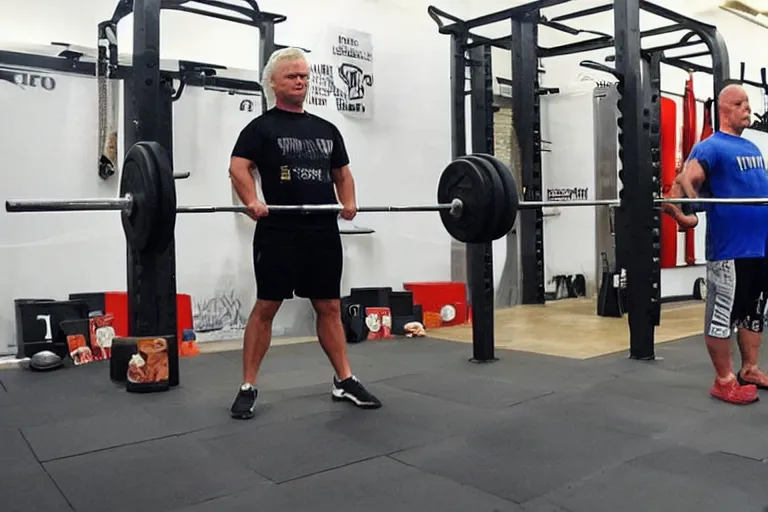 Prompt: geert wilders with strongman body ipf deadlift lockout 5 0 0 kg plates on both sides of barbell