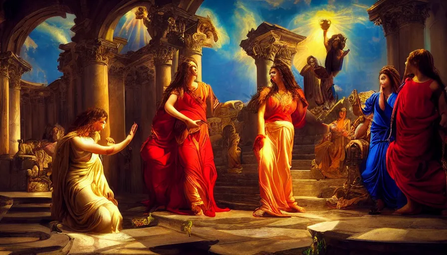 Prompt: mighty aphrodite bestowing her blessing upon her devoted priestesses, atmospheric, dramatic lighting, vivid color, striking detail, high resolution