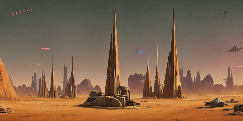 Prompt: tall spire military base surrounded by short city buildings, sand dunes, desert planet, war, star wars, warhammer 4 0 k, retro futurism, art deco, simon stalenhag