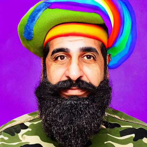 Image similar to professional portrait of a middle aged arab man with a beard wearing military camouflage and a beret, rainbow background, 8 k, very intricate, very detailed,