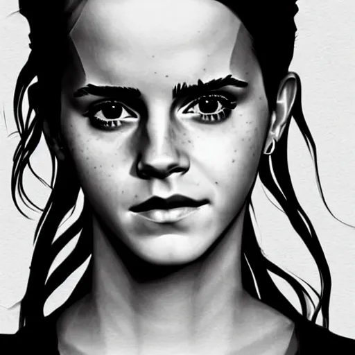 Prompt: Emma Watson in a dystopian fantasy scenario, artstation, concept art, sharp focus, illustration in pen an ink, full body view, extremely detailed, extremely complex, black and white, art by  Makoto Yukimura