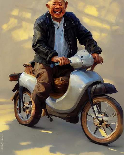 Image similar to greg manchess portrait painting of smiling creepy asian middle age man, sitting on moped motorbike burning on fire, medium shot, asymmetrical, profile picture, organic painting, sunny day, matte painting, bold shapes, hard edges, street art, trending on artstation, by huang guangjian and ail elvgren and sachin teng