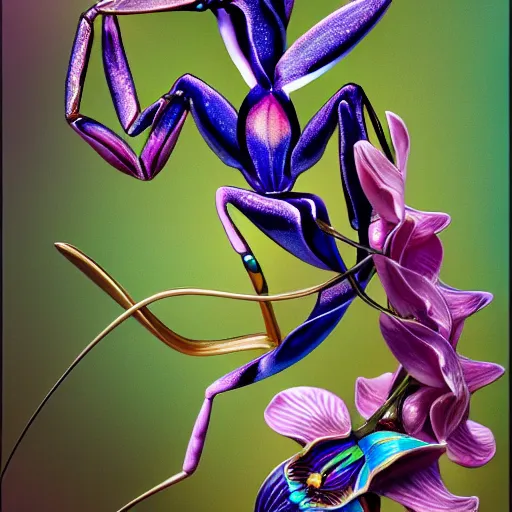 Prompt: majestic colorful orchid mantis enamel by leon bakst and yoshitaka amano, cloisonne, iridescent, black opals, beautiful hyperdetailed art nouveau orchids, james jean, amanda sage, ultrasharp photorealistic octane render