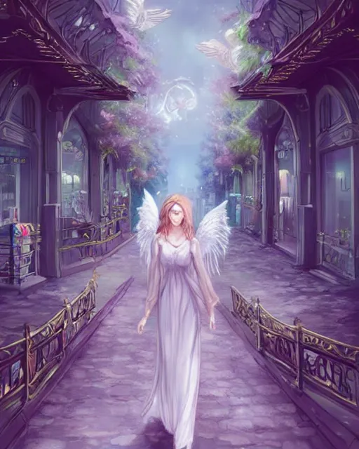 Image similar to infinitely detailed concept art of angel elegantly clothed strolling through a peaceful path, artstation!! / pixiv!!! infinitely detailed, mall dream world, in a mall with alot of stores and neon signs, scenery art concept, dream magical, dream scenery art, dream lighting, full - body majestic angel