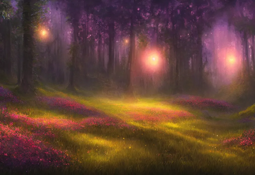 Image similar to a meadow with glowing flowers an forest behind it, night time, epic fantasy, detailed, intricate, digital painting, concept art, realistic, smooth, focus, rim light