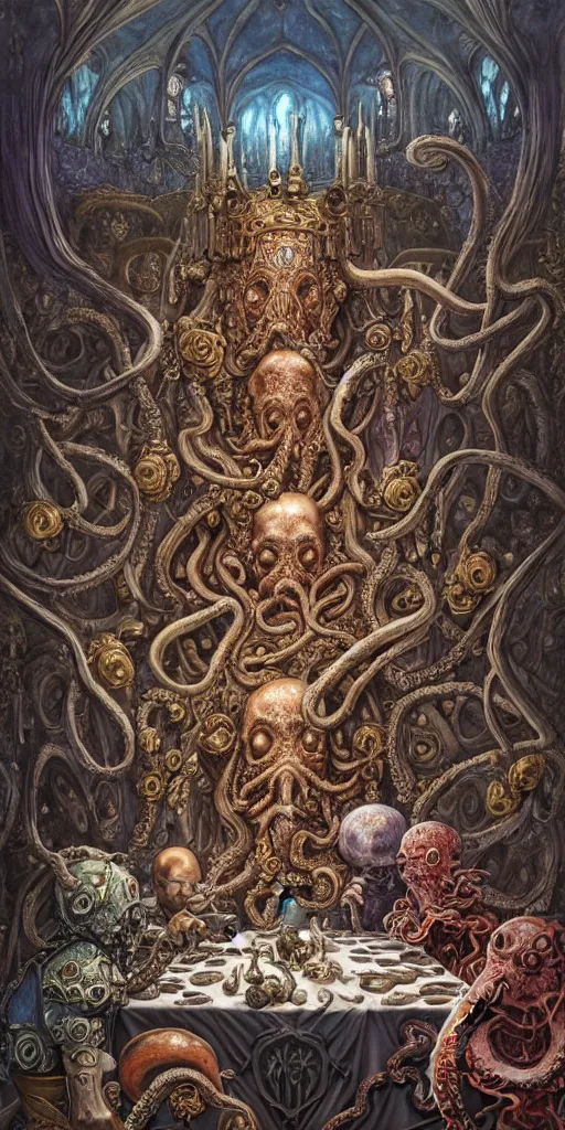 Image similar to mages with human bodies and magical armour with octopus heads sitting near the table in an ancient mage castle with enormous scale, gothic and baroque, brutalist architecture, ultradetailed, Intricate by James Jean and Josan Gonzalez and John Howe and Giuseppe Arcimboldo