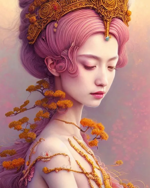 Prompt: portrait of a beautiful rose goddess, sweet, graceful, esoteric, muted colors, head in focus, fantasy art, ornamental aesthetics, intricate, elegant, highly detailed, hyperrealistic painting, artstation, concept art, painterly, sharp focus, hasselbrad photography, illustration, art by chie yoshii
