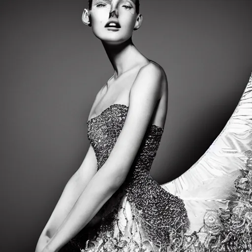 Prompt: upshot of a fashion model, luxury dress, editorial of dior magazine, highly detailed