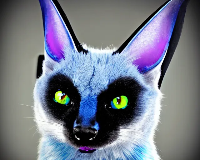 Image similar to a blue - and - black male blue / green heterochromatic catbat fursona with blue / green heterochromatic eyes ( one eye green ) and huge bat ears, photo of the catbat streaming on his computer