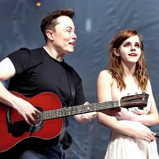 Image similar to elon musk & emma watson performing at woodstock