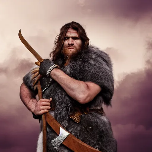 Prompt: a dnd barbarian wearing a fur coat, shoulder armor and holding an axe, high resolution film still, 4k, HDR color