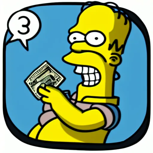 Prompt: 3 d icon of simpsons character throwing out his hand with money shouting at the camera. on white. cartoon like. simpsons, futurama