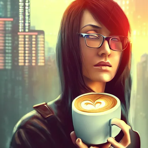 Prompt: portrait of a good-looking female software developer having a cup of coffee. cyberpunk style, digital art artstation cgsociety