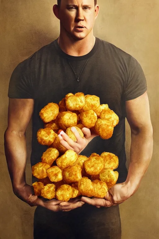Image similar to channing tatum in a tater tot costume, oil on canvas, intricate, 8 k highly professionally detailed, hdr, cgsociety