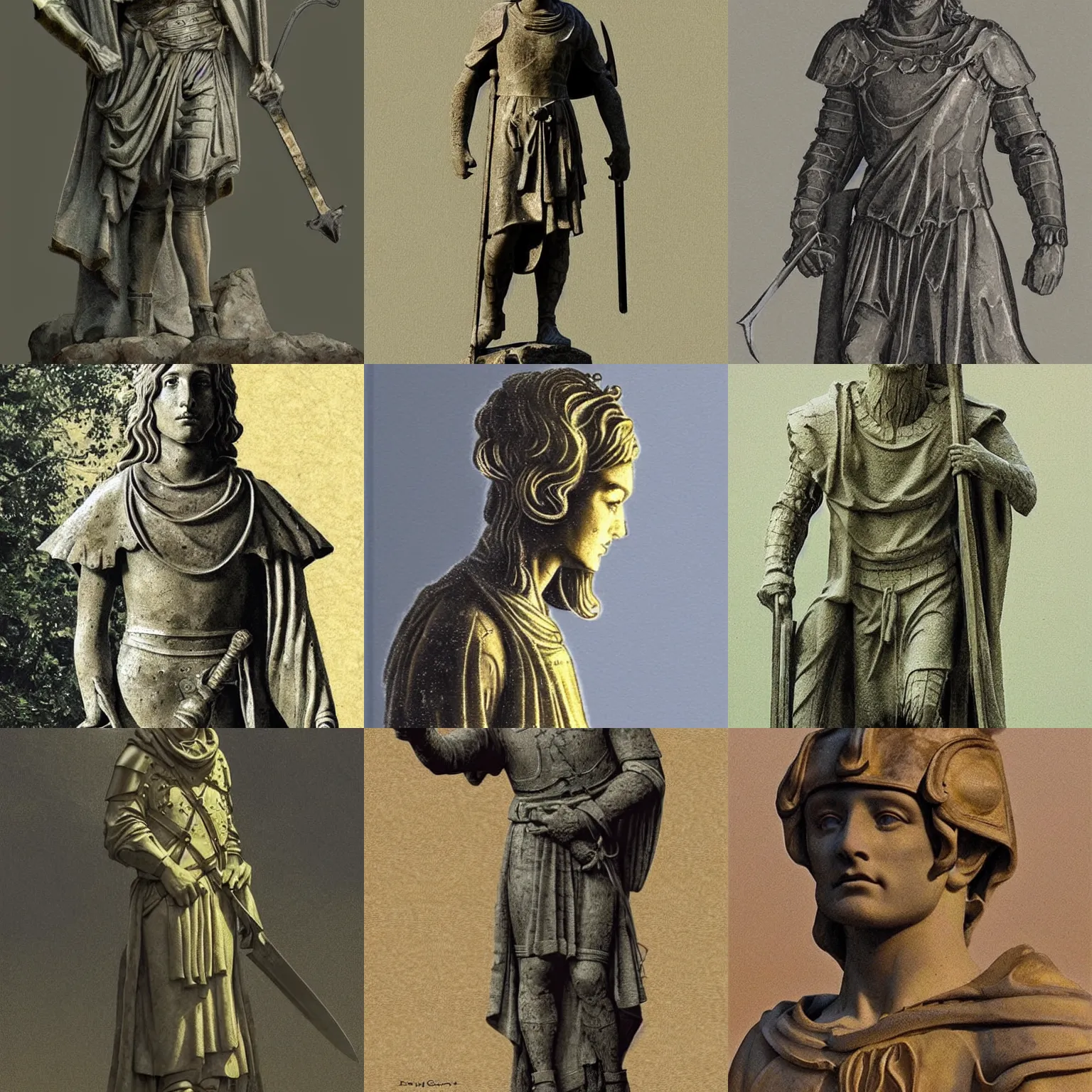 Prompt: stone statue of a twentisomething, young, handsome, 1 1 th century hungarian prince ( looks like dougray scott ), dressed in a [ [ 1 2 th century, golden armor with a sword ] ], ( ( ( in a dark, foggy ancient, mystical, forrest ) ) ) by donatello, illustration by greg rutkowski, trending on pinterest