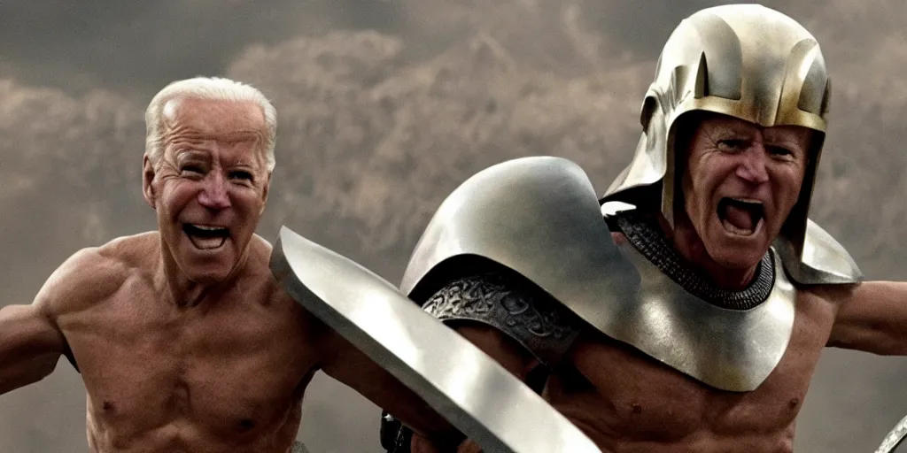 Image similar to film still of joe biden as a spartan warrior in the movie 3 0 0, 8 k