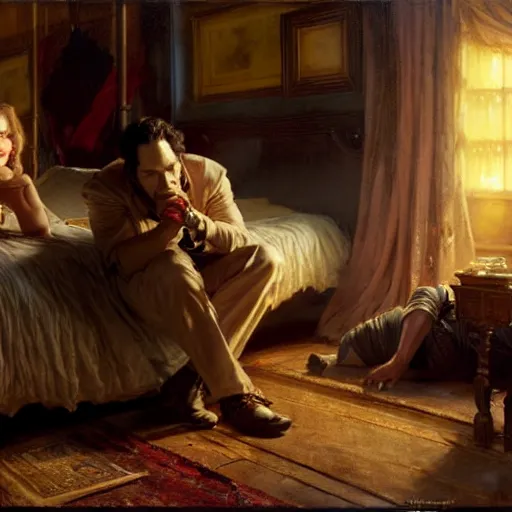 Image similar to paul rudd hiding under his bed, scared because an evil rachel mcadams is attacking him, painting by gaston bussiere, j. c. leyendecker, greg rutkowski, craig mullins 8 k