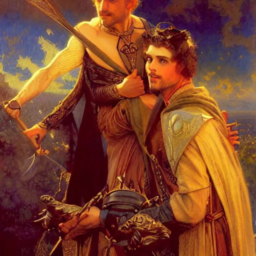 Prompt: attractive arthur pendragon in love with attractive male merlin the mage. highly detailed painting by gaston bussiere, craig mullins, j. c. leyendecker