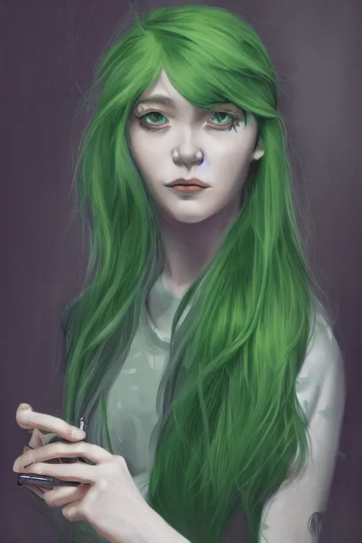 Image similar to a schizophrenic woman with green hair wearing a cool grey shirt, selfie portrait picture, by ross tran, oil on canvas