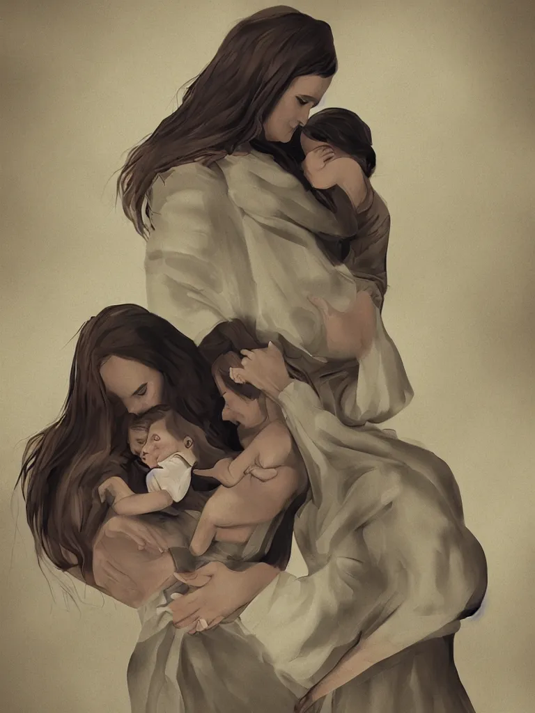 Prompt: motherhood, illustration, concept art, dramatic lighting, emotional, blunt borders, rule of thirds