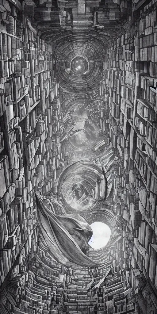 Prompt: staring up into the infinite celestial library, endless books, flying books, sublime, cinematic lighting, watercolor, mc escher, dark souls, bloodborne, matte painting,