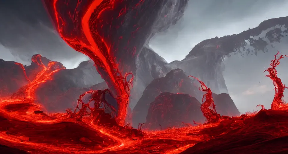 Image similar to a volcano made of ivory vines and crimson rocks enters in eruption, it spits a smoke in the shape of demonic eye, by Blizzard Concept Artists