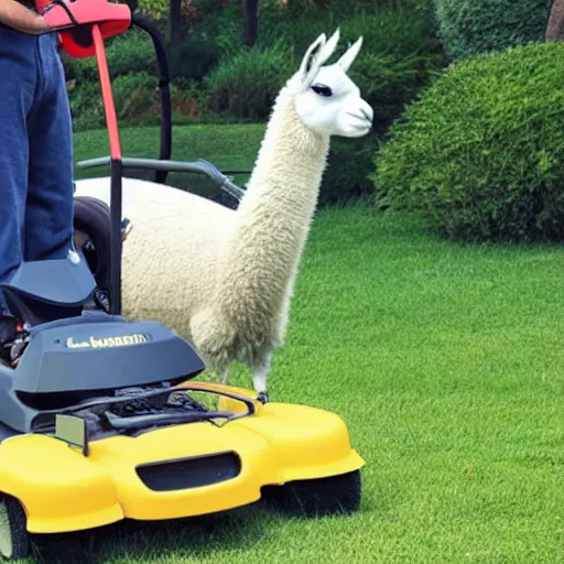 Image similar to llama using a lawn mower to mow the lawn