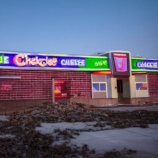 Image similar to photo of an abandoned Chuck E. Cheese, taken at night