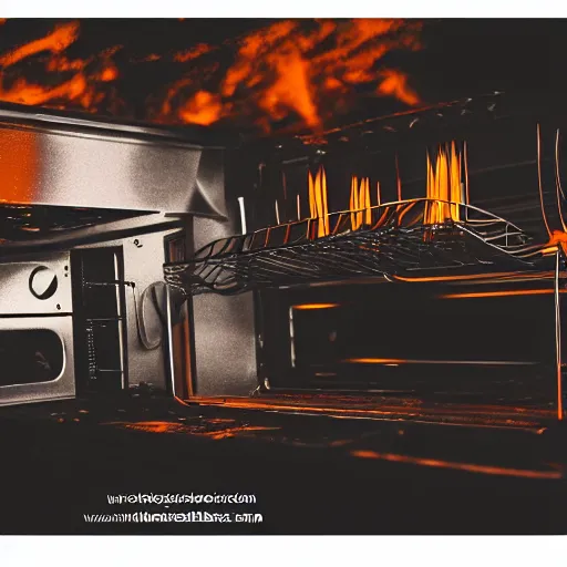 Image similar to toaster oven shangig by metallic cables, symmetry, dark messy smoke - filled cluttered workshop, dark, dramatic lighting, orange tint, sparks, cinematic, highly detailed, sci - fi, futuristic, movie still