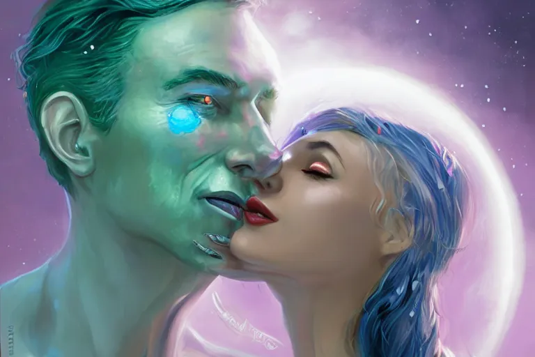 Image similar to an alien woman kisses a man by charlie bowater, sci - fi, color vibe, reimagined by industrial light and magic