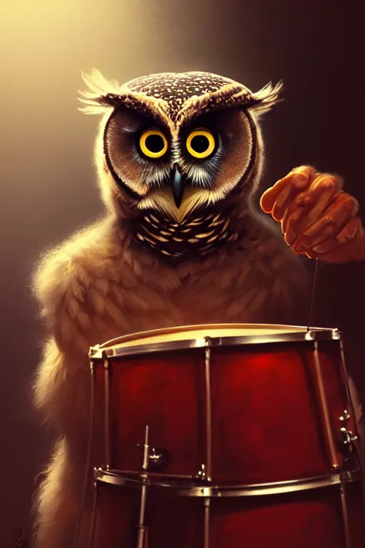 Prompt: portrait of an anthropomorphic owl playing the drums, dramatic lighting, highly detailed, digital painting, artstation, concept art, smooth, sharp focus, illustration, art by wlop, mars ravelo and greg rutkowski