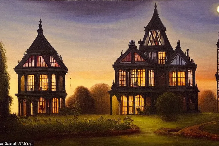 Image similar to a beautiful painting of a victorian house with bay windows, a tower and a greenhouse at night, very detailed by samuel and joseph newsom, harry potter