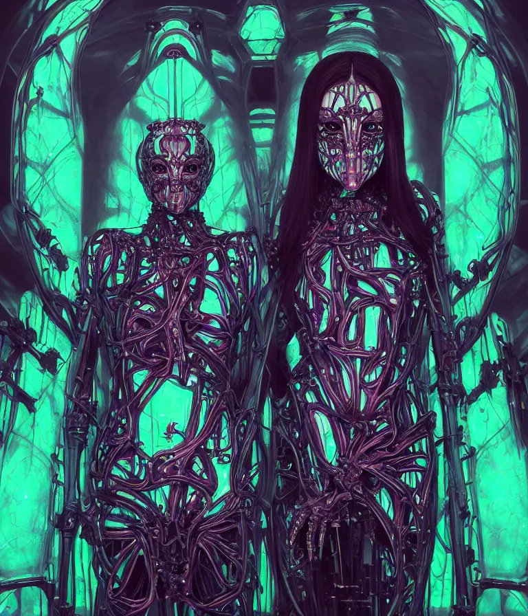 Prompt: fully symmetrical centered iridescent portrait of a beautiful princess demon in robe. massive brutalist throne, minimalist style, gothic style, artificial muscles, ribcage, bones, hard surface modelling. cyberpunk look. biomechanical mask. bio luminescent biomechanical halo around head. neon jellyfish. artwork by jarold Sng by artgerm, by Eddie Mendoza, by Peter mohrbacher by tooth wu, trending on artstation, cgsociety unreal engine, octane render, cinematic light, high details, iridescent colors, dichroic, macro, depth of field, blur