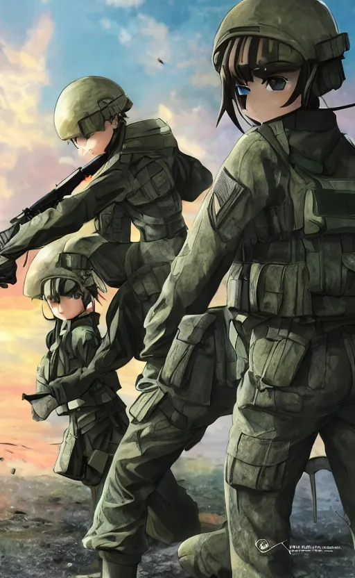 Image similar to girl, trading card front, future soldier clothing, future combat gear, realistic anatomy, war photo, professional, by ufotable anime studio, green screen, volumetric lights, stunning, military camp in the background, metal hard surfaces, anime eyes, generate realistic face, strafing attack plane