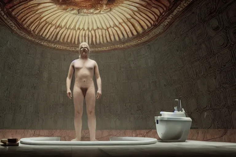 Prompt: hyperrealism aesthetic ridley scott and denis villeneuve style photography of a detailed giant, siting on a detailed ultra huge toilet in surreal scene from detailed art house movie in style of alejandro jodorowsky and wes anderson