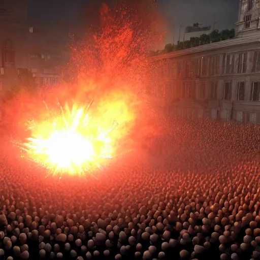 Prompt: the biggest mosh pit in the world, punks throwing Molotovs in the air, fighting, flame and fire, glowing upside cross, cinematic, epic, volumetric, godrays, dynamic lighting, dust flying up into the air, people shooting into the air with guns, octane render, photorealistic, unreal engine, artstation, artstation trending, artstation hq, artstation hd, Pinterest, 8k, ultra detailed, ultra realistic,