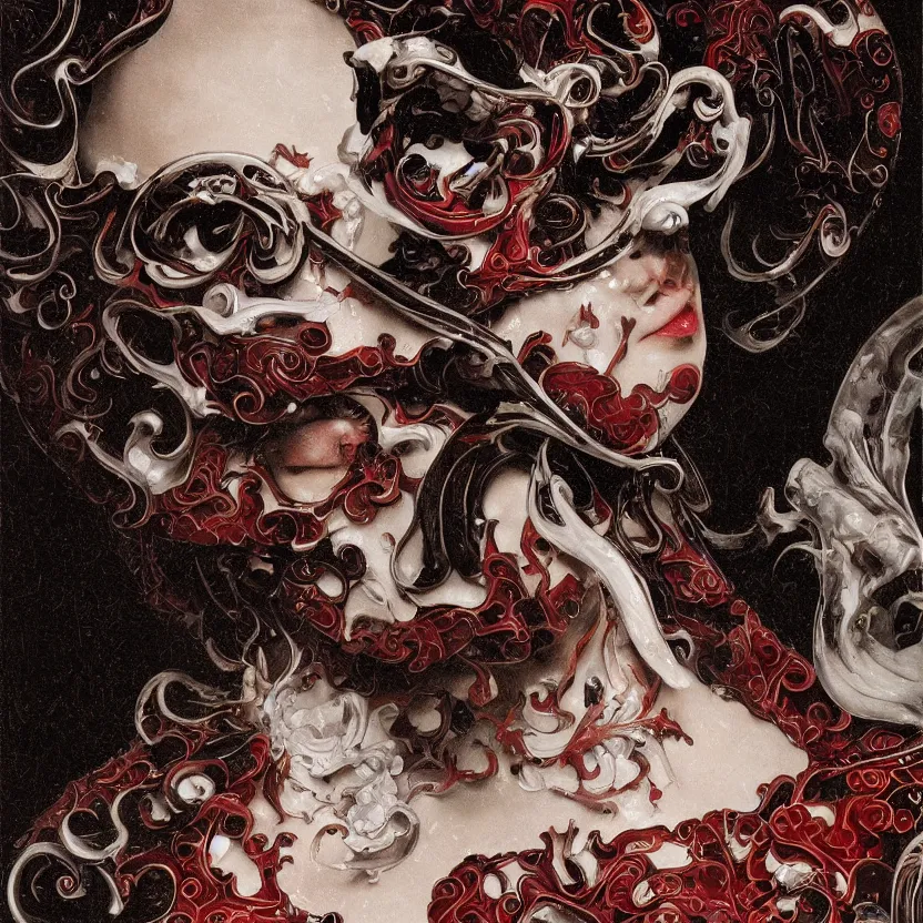 Image similar to a dark baroque close - up portrait of an ornate red and white porcelain being made out of white sci - fi vitrified translucent ceramic marble ; china. reflective detailed textures. gloomy black background. highly detailed fantasy science fiction painting by moebius, norman rockwell, frank frazetta, and syd mead. rich colors, high contrast. artstation