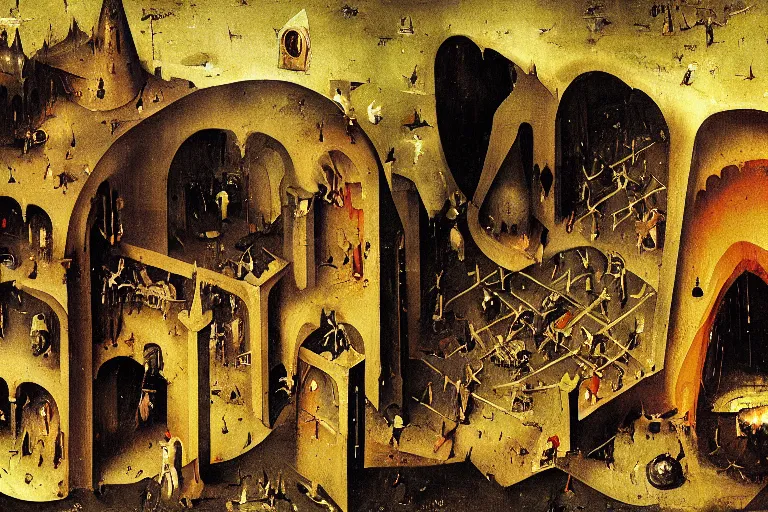 Image similar to dark souls firelink shrine painted by hieronymus bosch