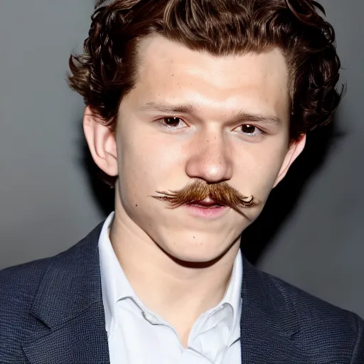 Image similar to tom holland with a big curly mustache