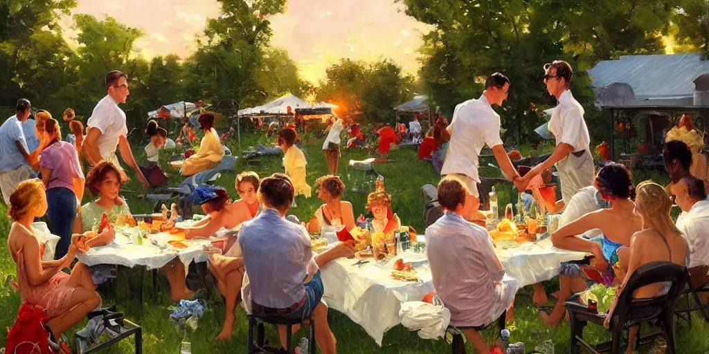 Image similar to backyard bbq in harlem in summer sunset, painting by vladimir volegov, norman rockwell, tom of finland, trending on artstation