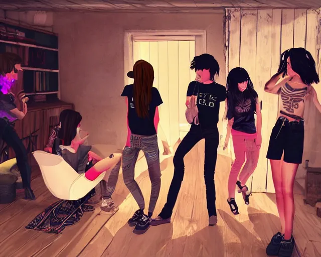 Image similar to a painting of an emo teenager hanging out with her friends at a super cool house party, unreal engine, atmospheric, hip, cool, college party