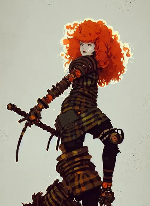 Image similar to highly detailed portrait of a sewer punk lady paladin, tartan vestments, curly blonde hair by atey ghailan, by greg rutkowski, by greg tocchini, by james gilleard, by joe fenton, by kaethe butcher, gradient, orange, black, brown and cream color scheme, grunge aesthetic!!! white graffiti tag wall background