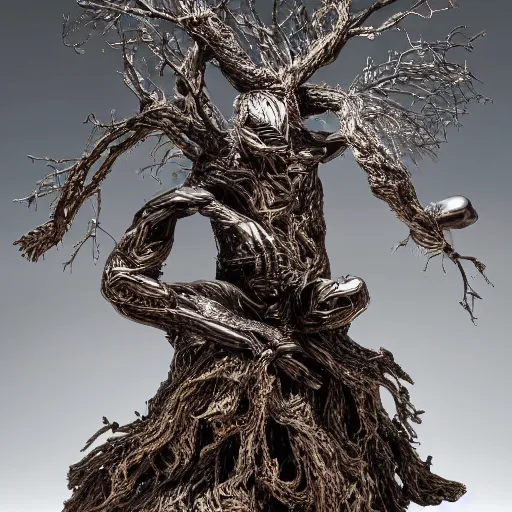 Image similar to a human man statue stuck in a cosmic tree, a sense of awe, amazement, monogon, plasma display, wooden, silver, mercury, damascus, armature wire, multiscopy, morph, in a symbolic and meaningful style, insanely detailed and intricate, hypermaximalist, elegant, ornate, hyper realistic, super detailed,