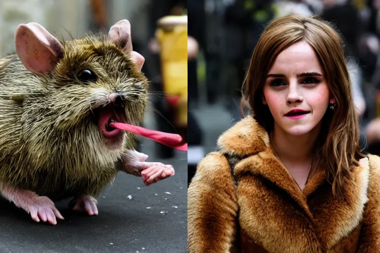 Image similar to photo, emma watson as furry antropomorphic rat, eats cheese, highly detailed, intricate details