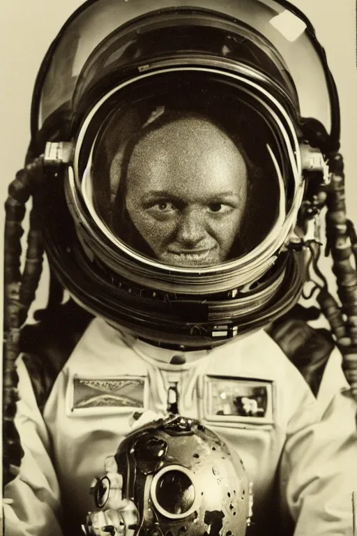 Image similar to extremely detailed studio portrait of space astronaut, alien tentacle protruding from eyes and mouth, alien tentacle breaking through helmet visor, helmet is off, full body, soft light, disturbing, shocking news, award winning photo by james van der zee