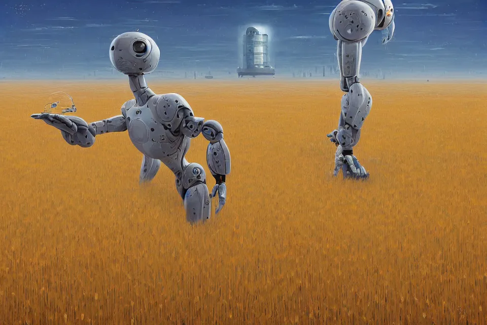 Image similar to sci-fi painting of a large alien city on the vast wheat fields, the closed back view of one humanoid robot on the ground, by Christopher Balaskas, godrays, detailed