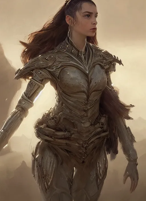 Image similar to a professional portrait of a beautiful young female, clothed in ethereal battle armor, olive skin, long dark hair, beautiful bone structure, symmetrical facial features, intricate, elegant, digital painting, concept art, smooth, sharp focus, finely detailed, illustration, from Valerian and the City of a Thousand Planets, in the style of Ruan Jia and Mandy Jurgens and Artgerm and Greg Rutkowski and William-Adolphe Bouguerea